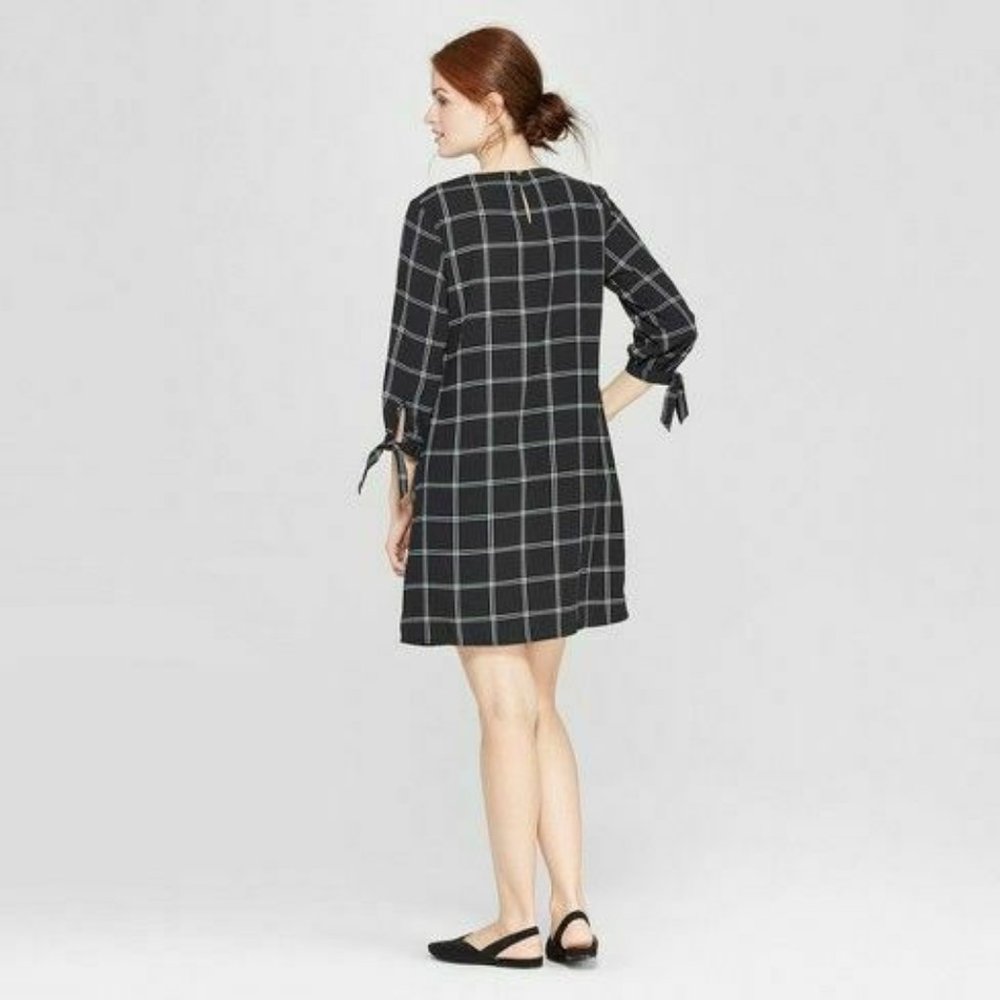 Plaid Elbow Sleeve Crew neck Crepe Dress